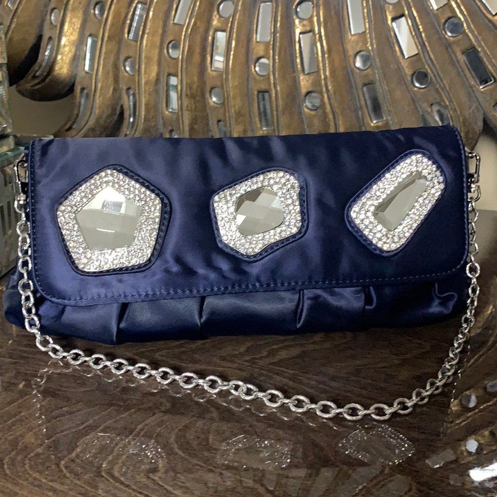 Sergio Feretti Blue Satin Crystal Appliqué Clutch